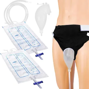Wearable Urinal Bag with Reusable Silicone Catheter (2000ml & 1000ml), Portable External Urine Collector Comfortable & Discreet, Men Black