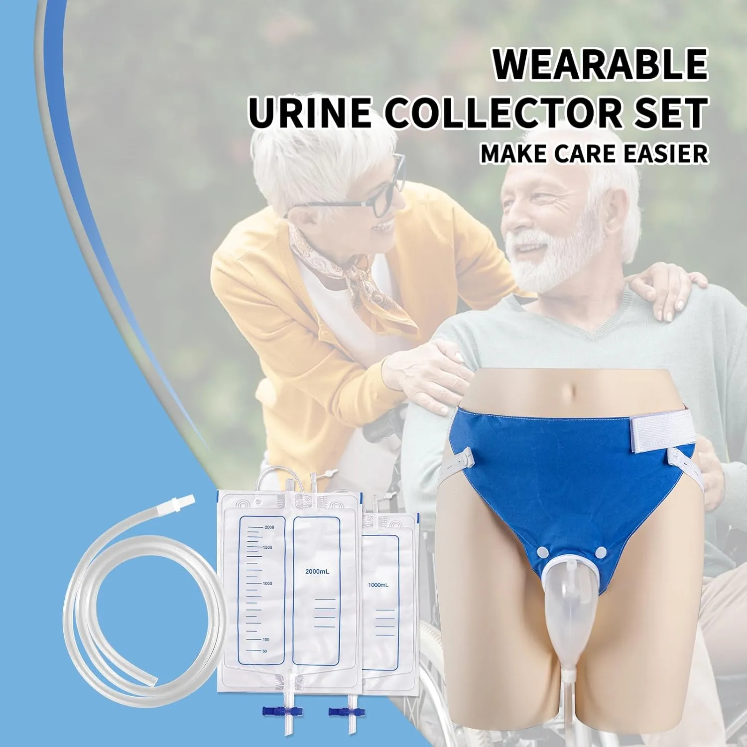 Wearable Urinal Bag with Reusable Silicone Catheter (2000ml & 1000ml), Portable External Urine Collector Comfortable & Discreet, Men Black