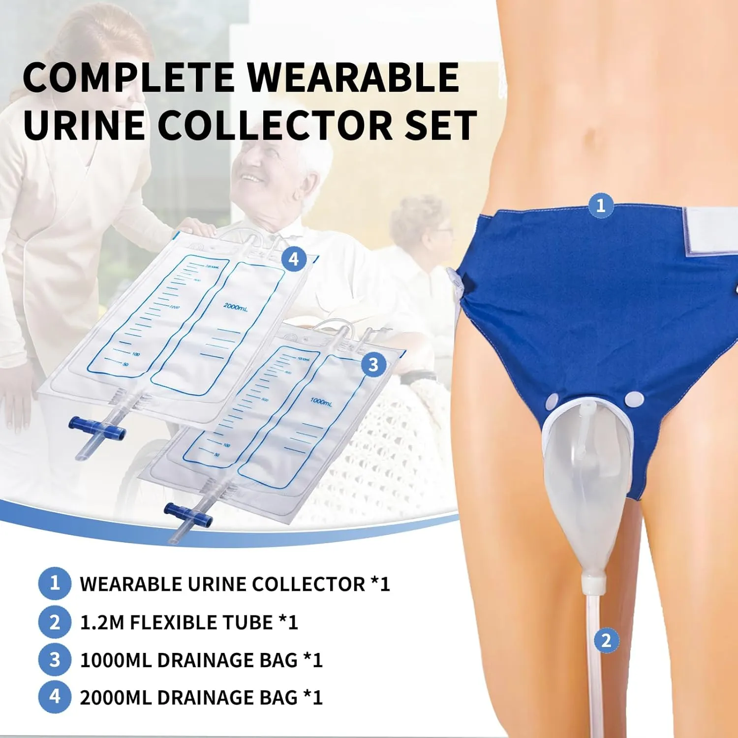 Wearable Urinal Bag with Reusable Silicone Catheter (2000ml & 1000ml), Portable External Urine Collector Comfortable & Discreet, Men Black
