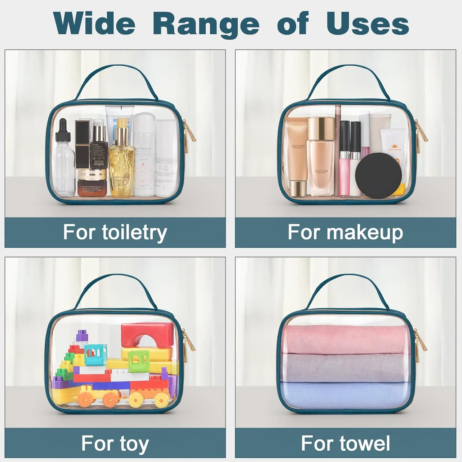 Wedama TSA Approved Toiletry Bag, 4 Pack Clear Makeup Bags with Handles, Quart Size Clear Toiletry Bags, PVC Cosmetic Bags for Women and Men, Carry on Airport Airline Compliant Bag, Til Blue