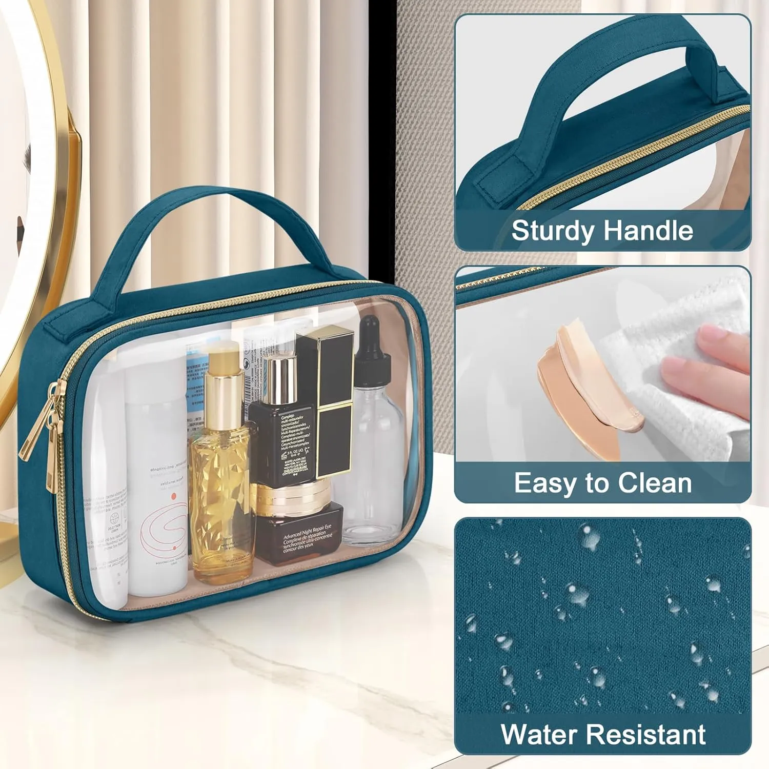 Wedama TSA Approved Toiletry Bag, 4 Pack Clear Makeup Bags with Handles, Quart Size Clear Toiletry Bags, PVC Cosmetic Bags for Women and Men, Carry on Airport Airline Compliant Bag, Til Blue