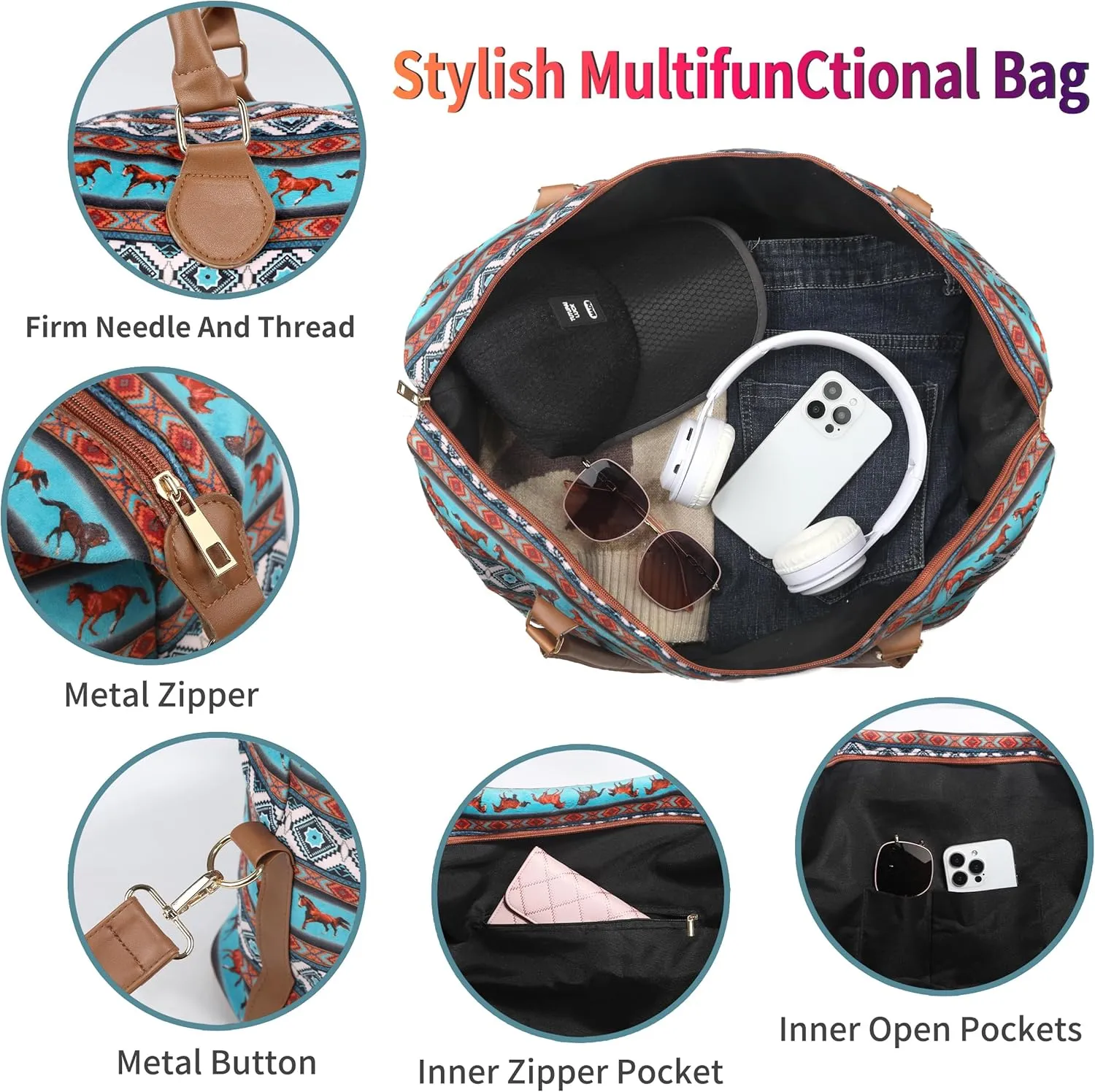Weekender Bag Duffle Bag For Women Large Travel Tote Bag Overnight Weekend Bags With Shoulder Strap Cow Leopard Atzec…