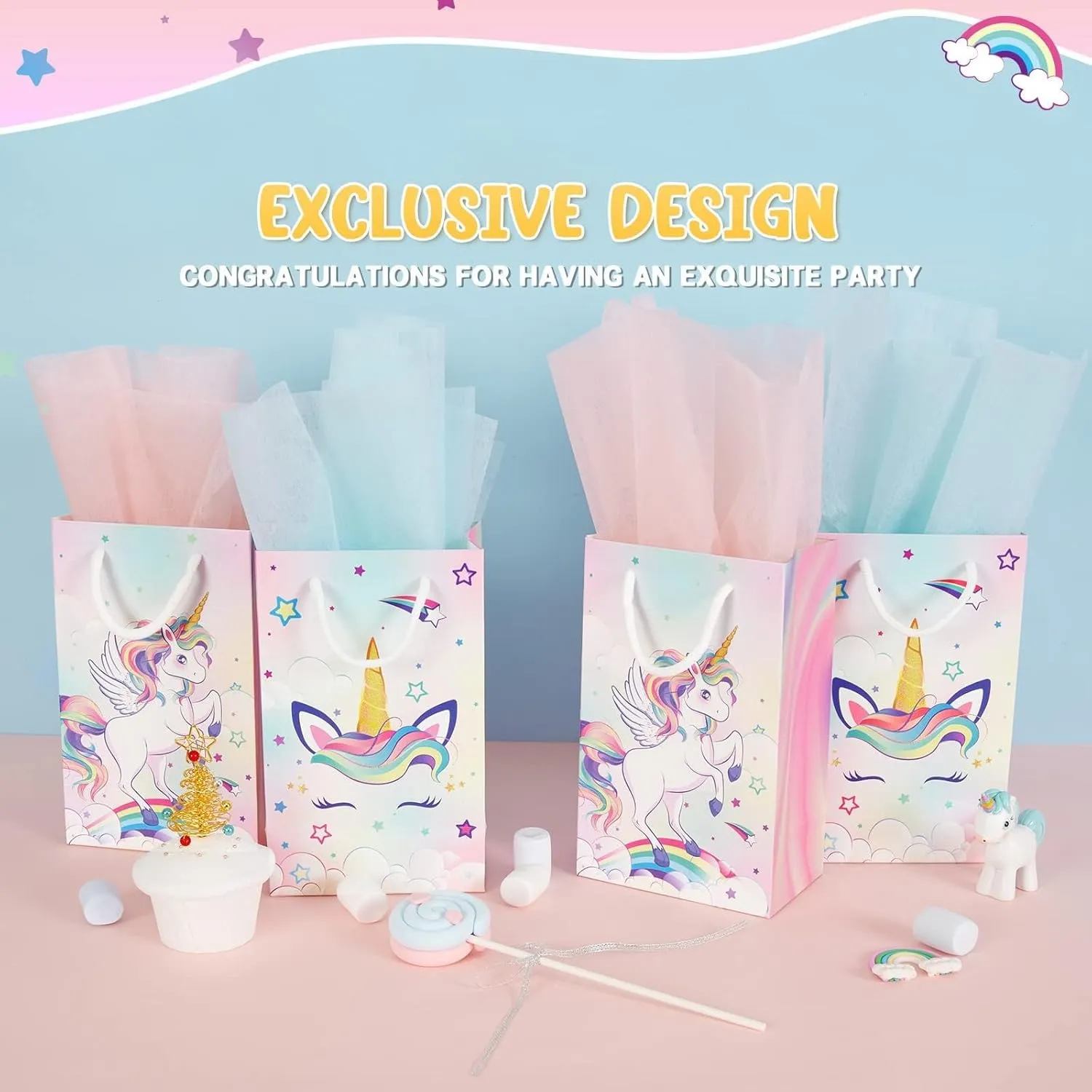 WERNNSAI Unicorn Gift Bags - 16PCS Rainbow Unicorn Party Supplies Goodie Bags for Girls Candy Bags for Birthday Baby Shower Party Favor Bags with Handles