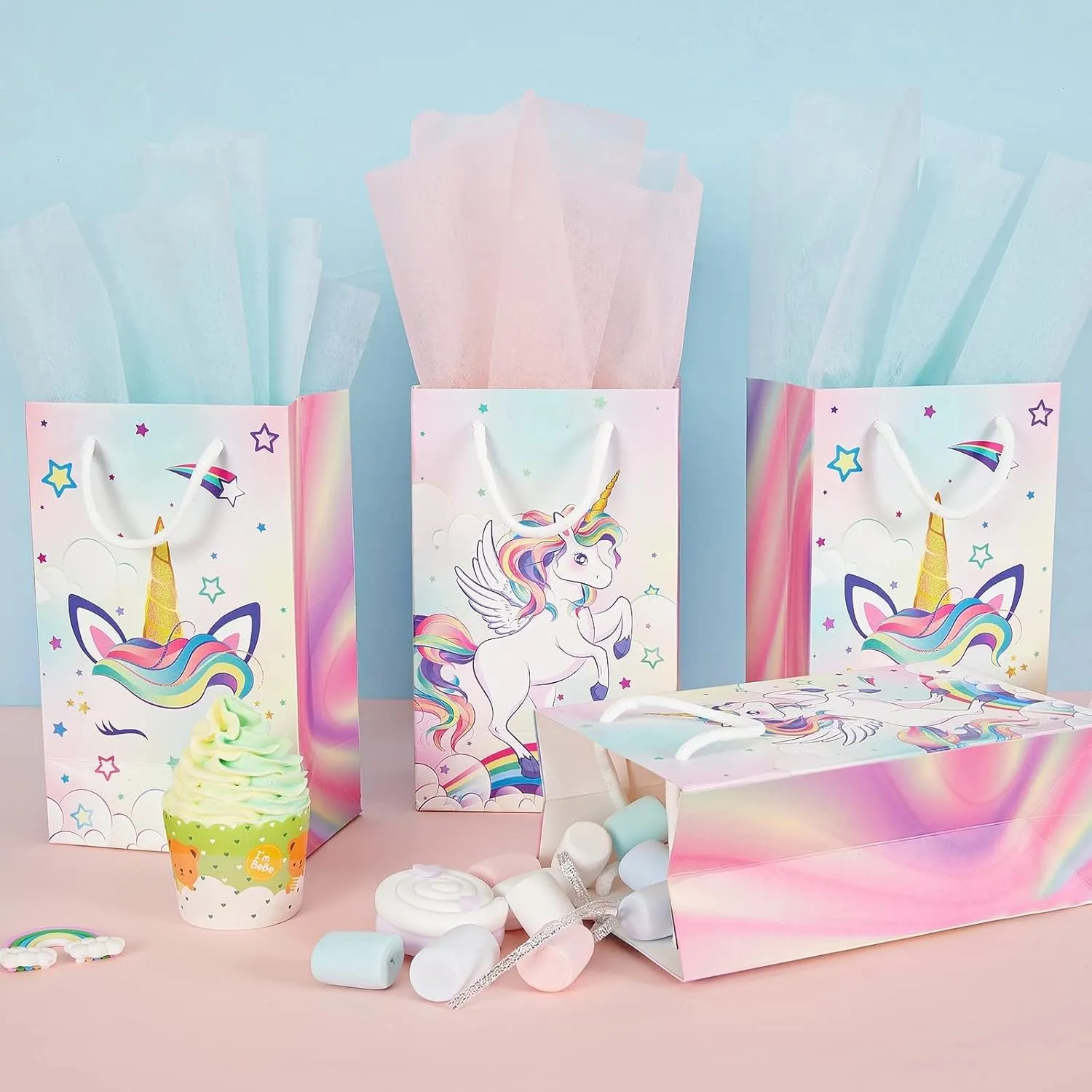 WERNNSAI Unicorn Gift Bags - 16PCS Rainbow Unicorn Party Supplies Goodie Bags for Girls Candy Bags for Birthday Baby Shower Party Favor Bags with Handles