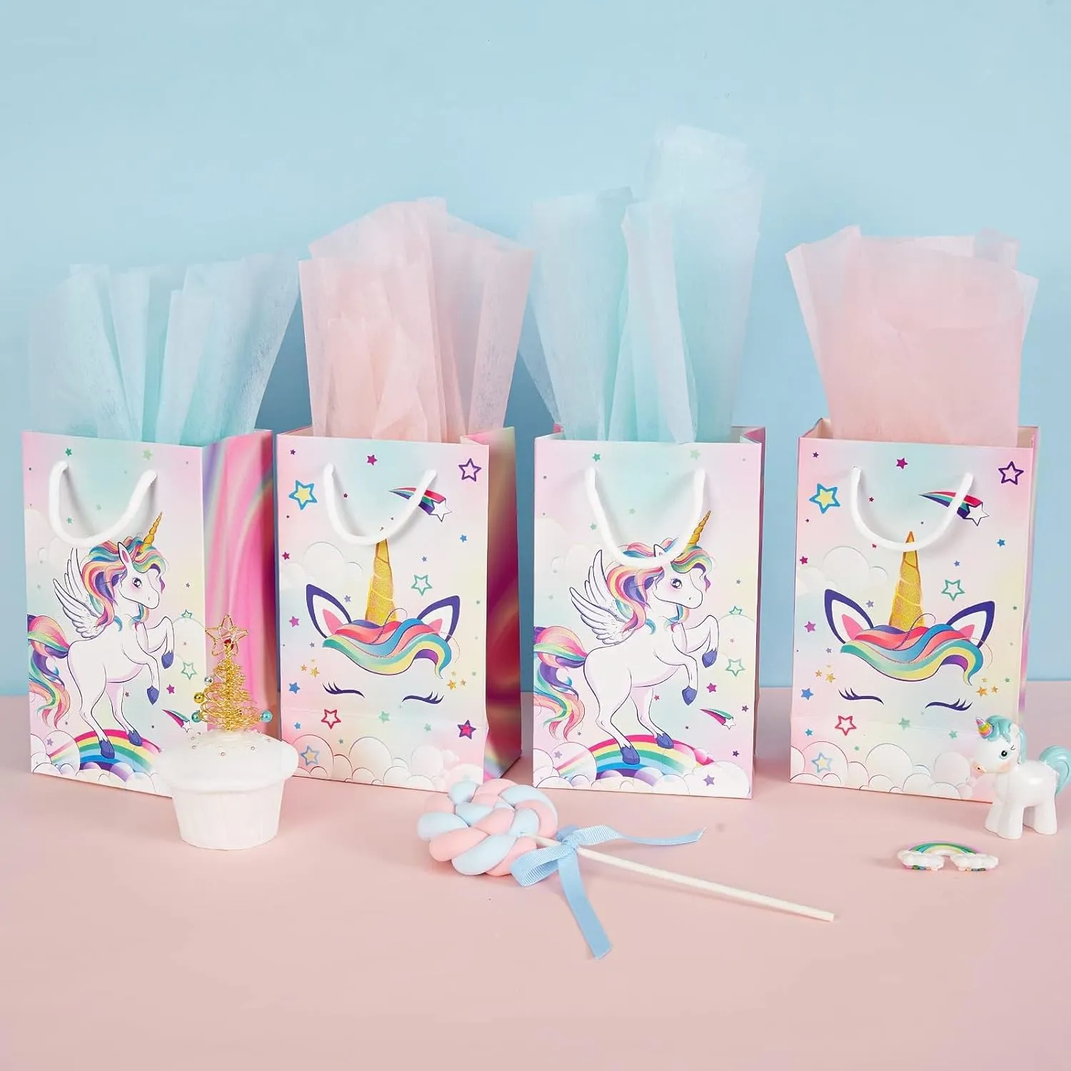 WERNNSAI Unicorn Gift Bags - 16PCS Rainbow Unicorn Party Supplies Goodie Bags for Girls Candy Bags for Birthday Baby Shower Party Favor Bags with Handles