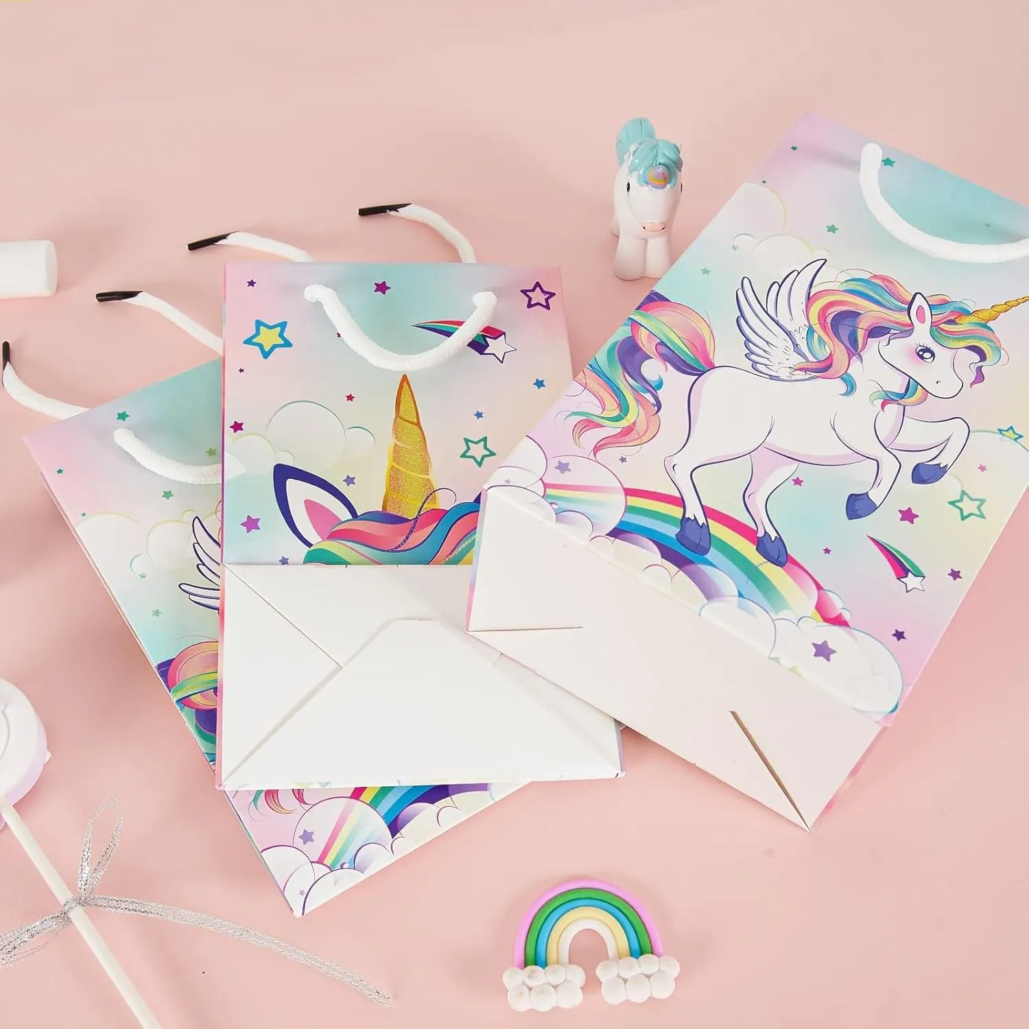WERNNSAI Unicorn Gift Bags - 16PCS Rainbow Unicorn Party Supplies Goodie Bags for Girls Candy Bags for Birthday Baby Shower Party Favor Bags with Handles