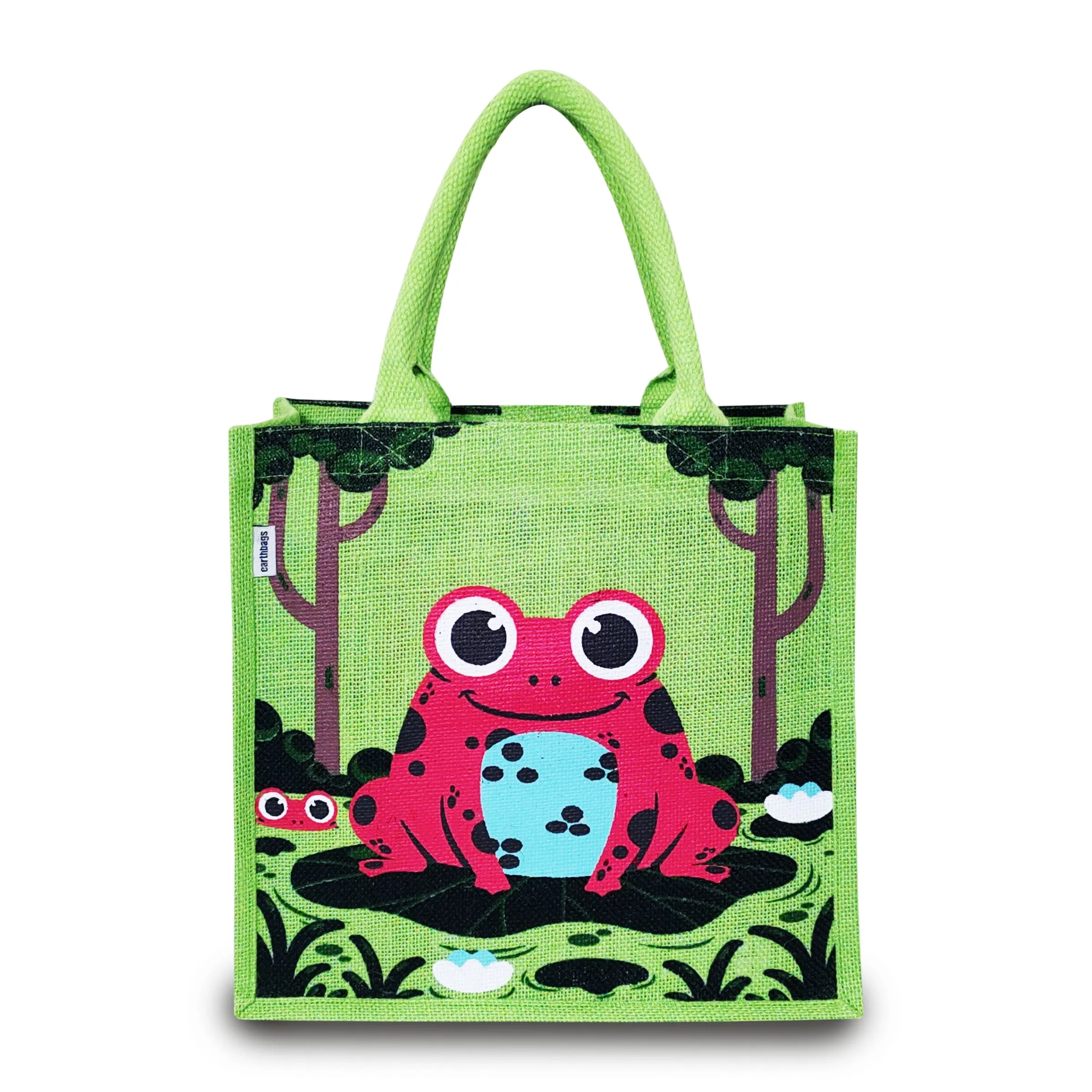 WHIMSICAL FROG PRINT JUTE BAG