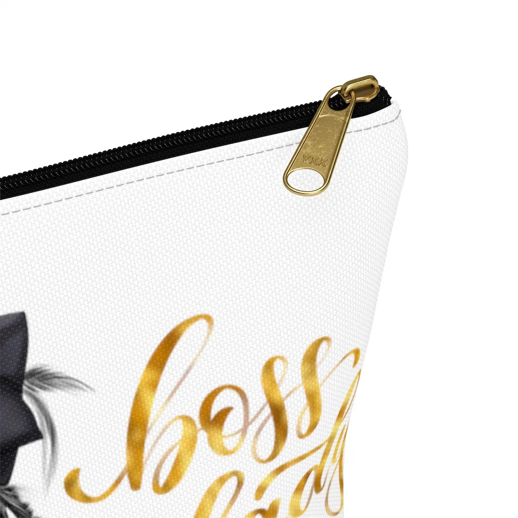 White & Gold Boss Lady  Makeup & Accessory Pouch w T-bottom
