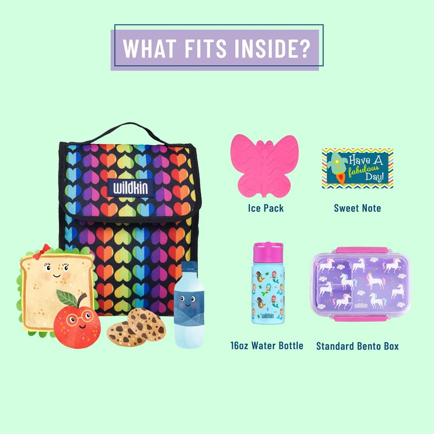 Wildkin Kids Insulated Lunch Bag – Reusable, Ideal for Hot/Cold Snacks, School & Travel - Rainbow Hearts