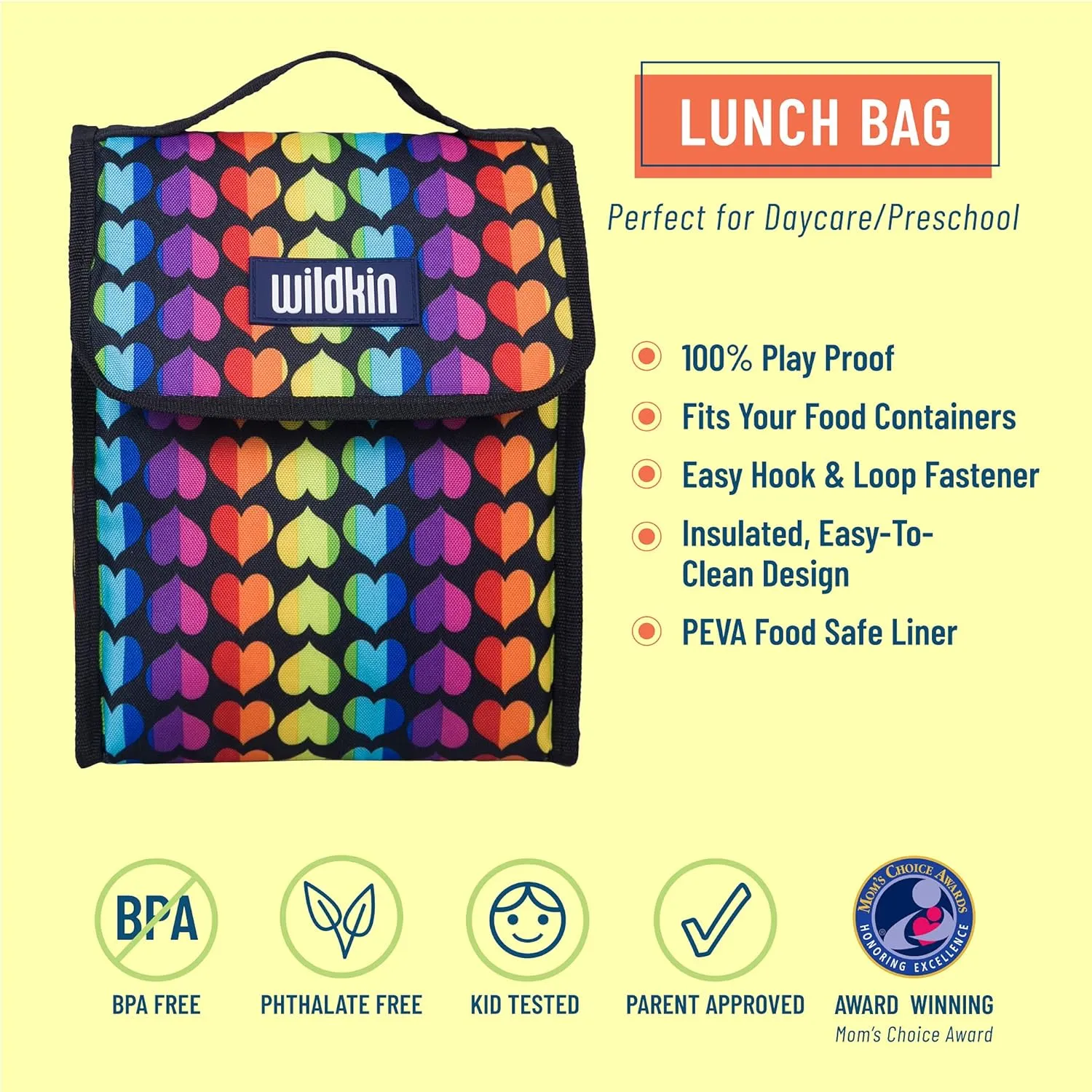 Wildkin Kids Insulated Lunch Bag – Reusable, Ideal for Hot/Cold Snacks, School & Travel - Rainbow Hearts