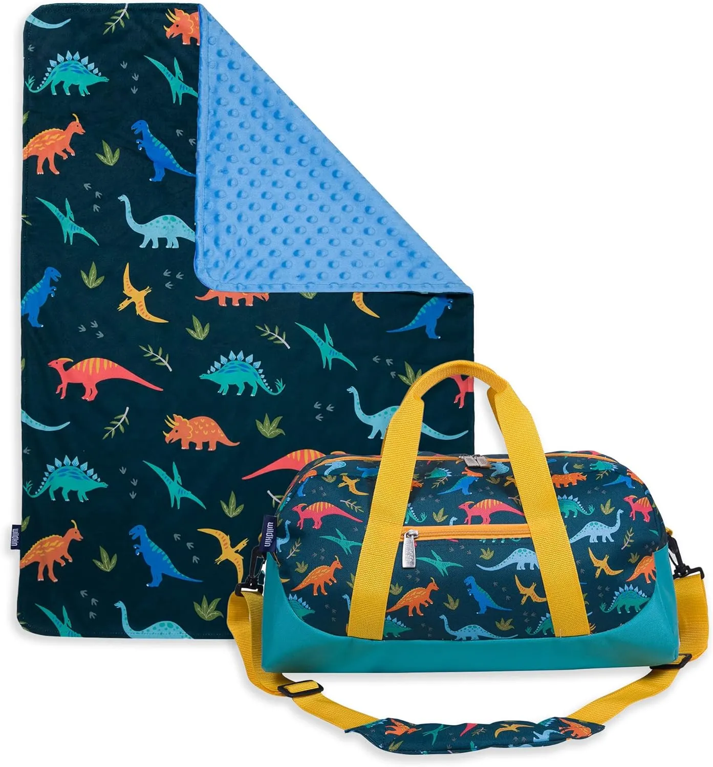 Wildkin Plush Blanket Bundle with Overnighter Duffel Bag (Jurassic Dinosaurs)