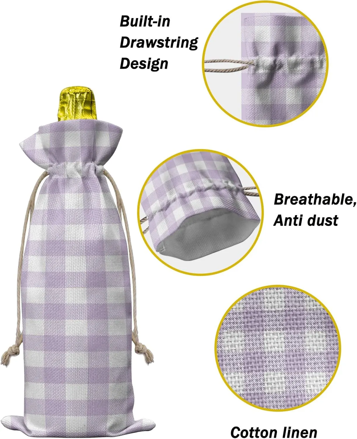 Wine Bags for Wine Bottles Gifts, Wine Bottle Bag with Drawstrings, Pastoral Style Lavender Lattice Wine Tote for Travel, Birthday, Blind Tastings, Christmas, Home Storage