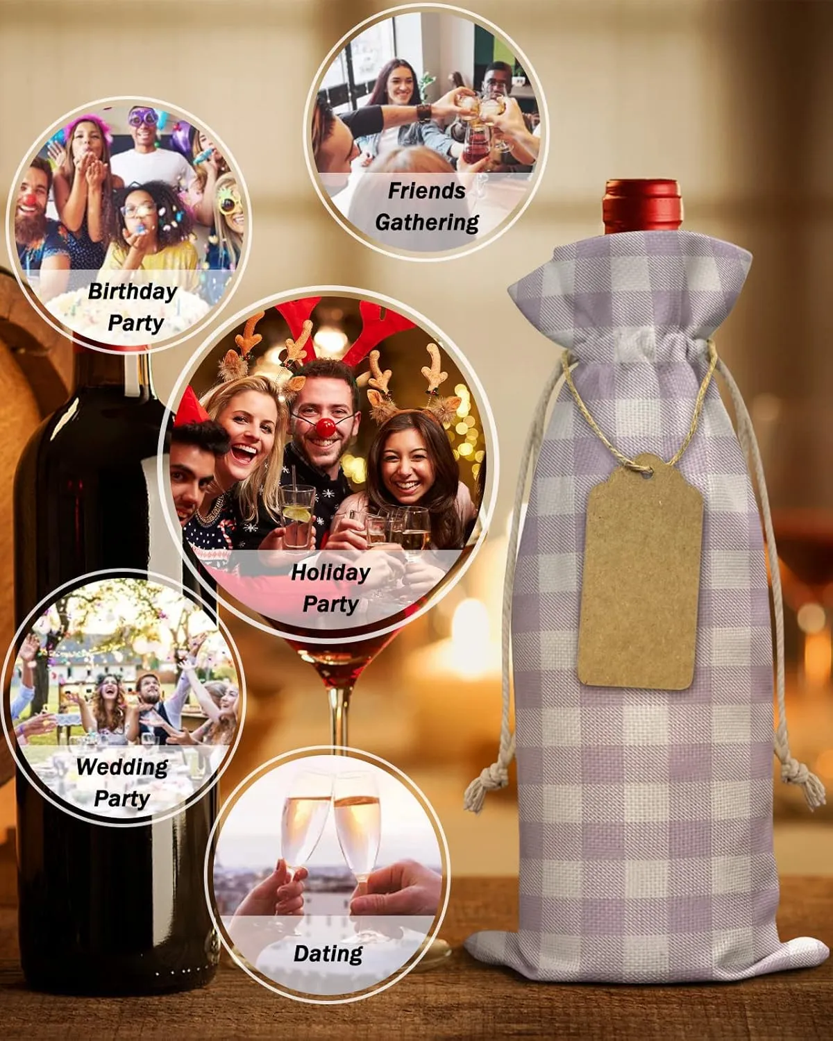 Wine Bags for Wine Bottles Gifts, Wine Bottle Bag with Drawstrings, Pastoral Style Lavender Lattice Wine Tote for Travel, Birthday, Blind Tastings, Christmas, Home Storage