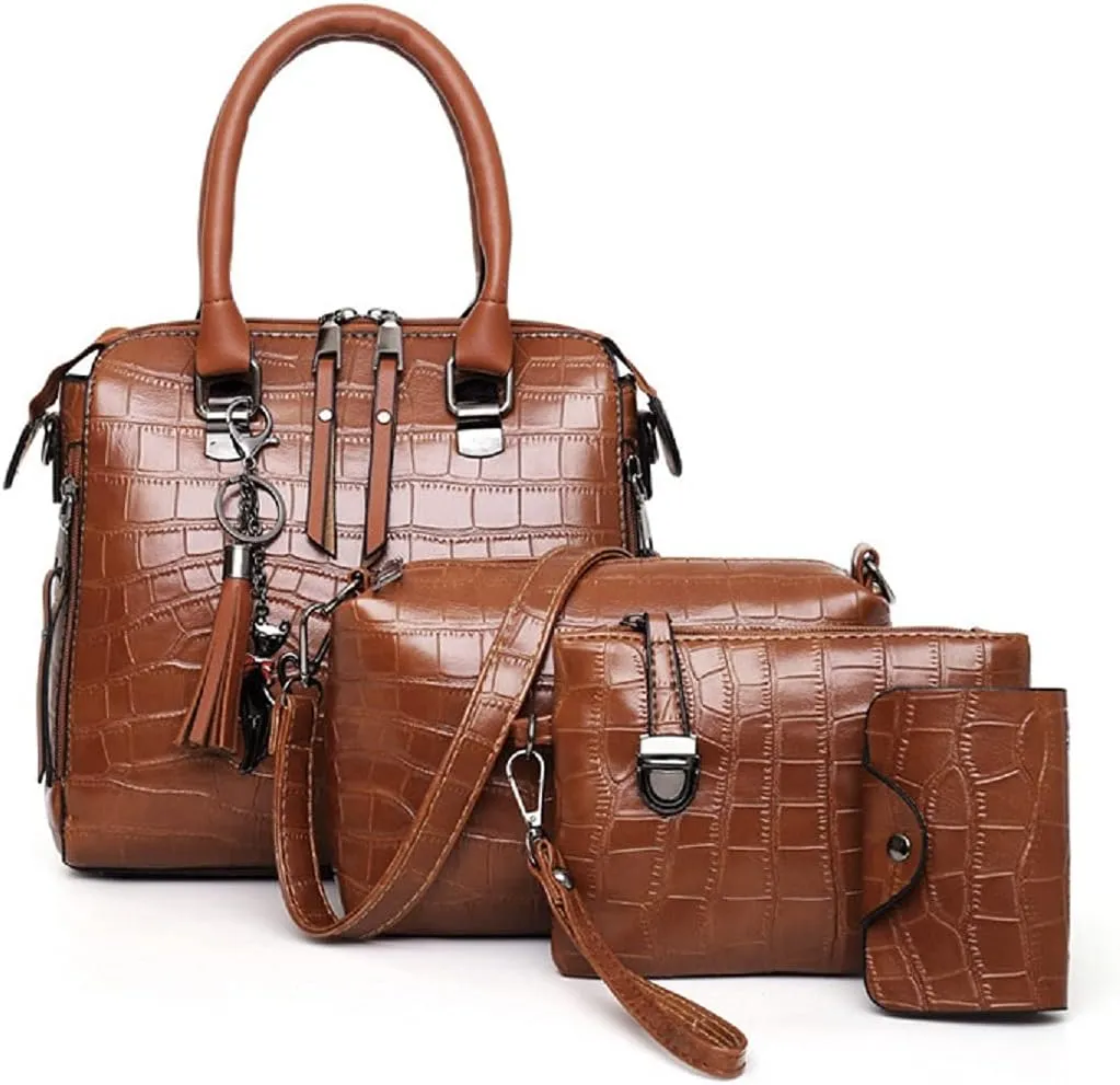 Women Fashion Handbags Tassel Pendant Wallet Tote Bag Shoulder Bag Top Handle Satchel Purse Set 4pcs(Blue)