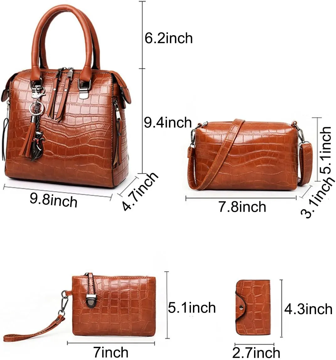 Women Fashion Handbags Tassel Pendant Wallet Tote Bag Shoulder Bag Top Handle Satchel Purse Set 4pcs(Blue)