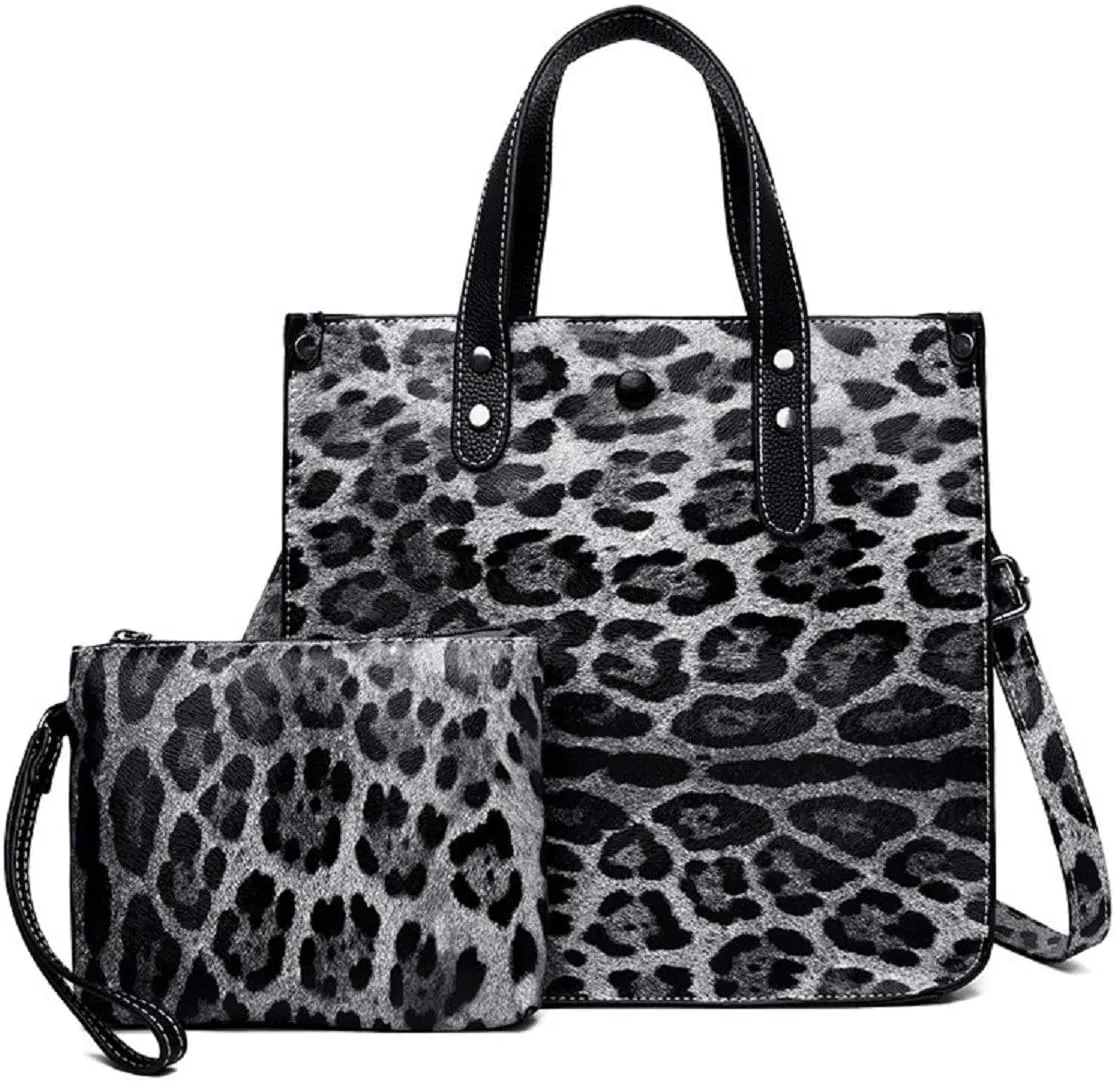 Women Leopard Animal Print PU Leather Handbag Lady Shoulder Bags Tote Purse Messenger Satchel Hobo Bags 2PCS/Set