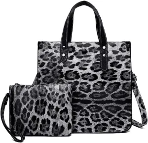 Women Leopard Animal Print PU Leather Handbag Lady Shoulder Bags Tote Purse Messenger Satchel Hobo Bags 2PCS/Set
