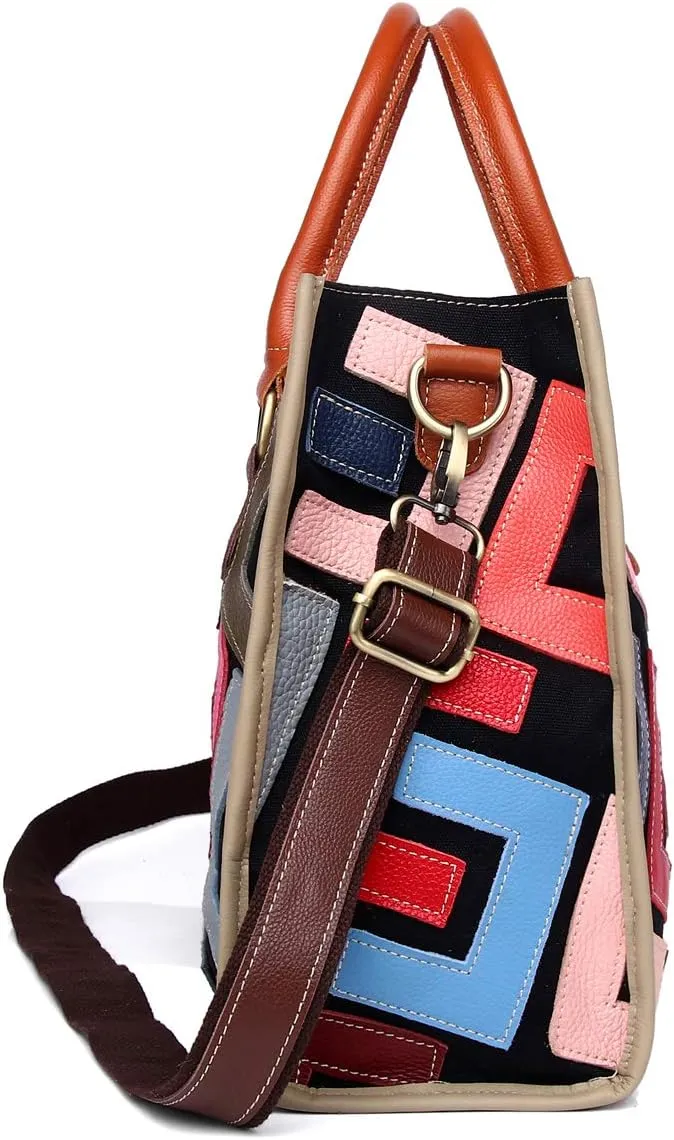 Women Multicolor Genuine Leather Tote Handbag Colorful Graffiti Crossbody Bags
