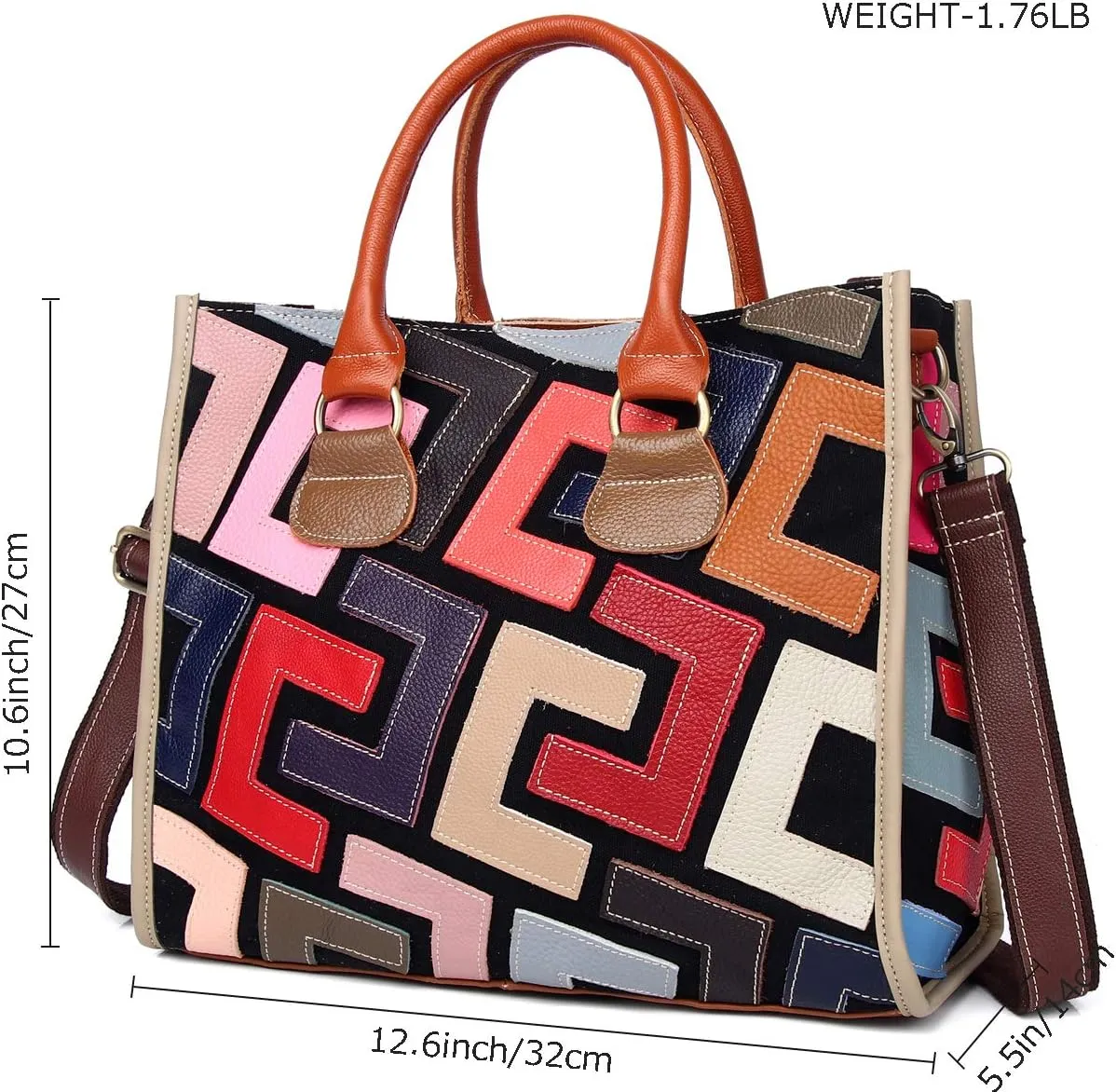 Women Multicolor Genuine Leather Tote Handbag Colorful Graffiti Crossbody Bags