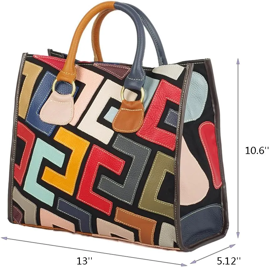 Women Multicolor Genuine Leather Tote Handbag Colorful Graffiti Crossbody Bags