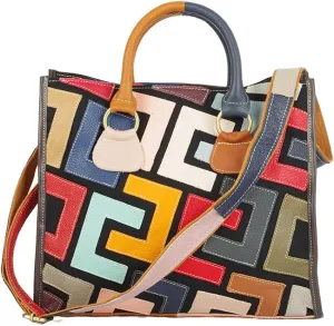 Women Multicolor Genuine Leather Tote Handbag Colorful Graffiti Crossbody Bags