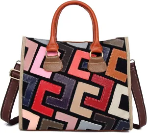 Women Multicolor Genuine Leather Tote Handbag Colorful Graffiti Crossbody Bags