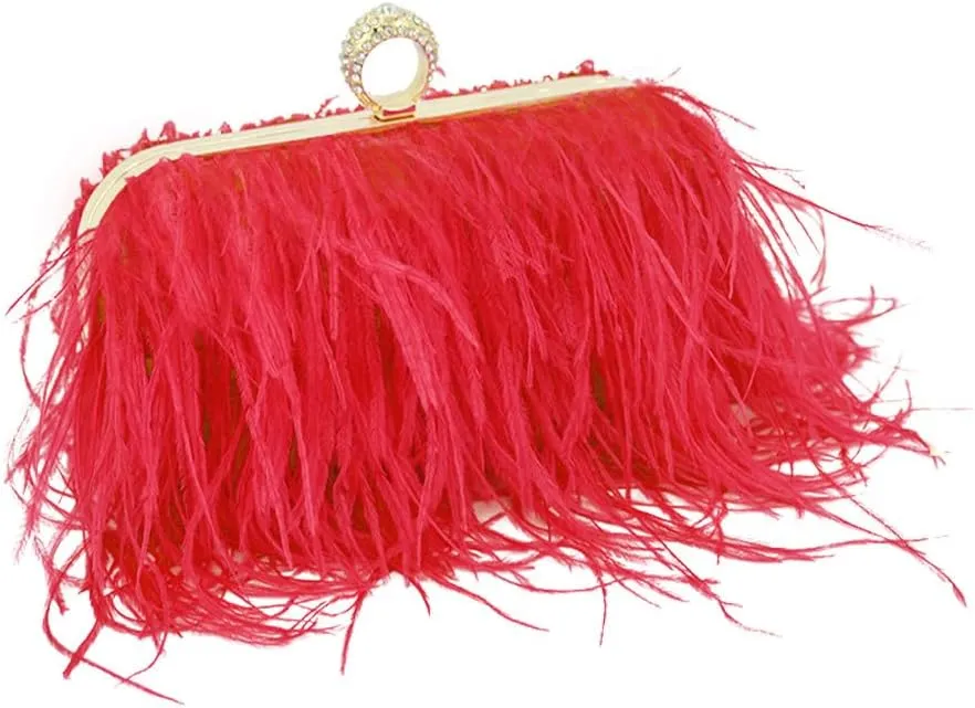 Women Ostrich Feather Purse Ostrich Tote Bag Fluffy Feather Purse Fringe Clutch Evening Handbag for Party Prom Red
