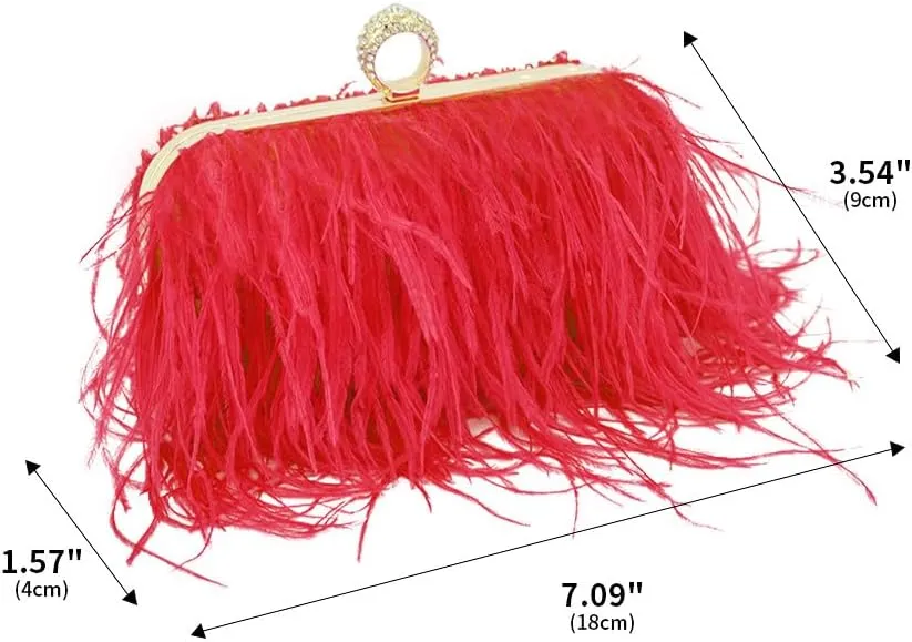 Women Ostrich Feather Purse Ostrich Tote Bag Fluffy Feather Purse Fringe Clutch Evening Handbag for Party Prom Red