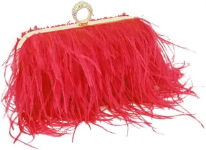 Women Ostrich Feather Purse Ostrich Tote Bag Fluffy Feather Purse Fringe Clutch Evening Handbag for Party Prom Red
