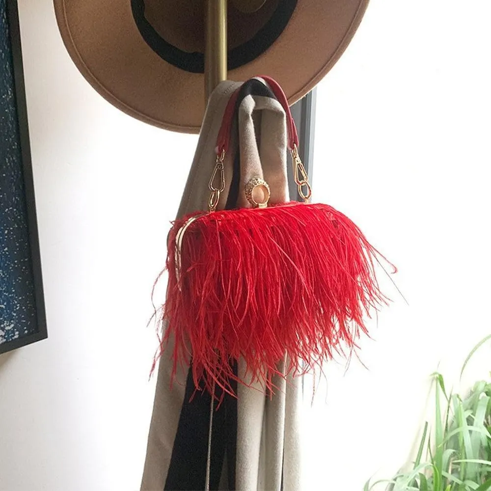 Women Ostrich Feather Purse Ostrich Tote Bag Fluffy Feather Purse Fringe Clutch Evening Handbag for Party Prom Red