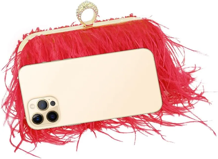 Women Ostrich Feather Purse Ostrich Tote Bag Fluffy Feather Purse Fringe Clutch Evening Handbag for Party Prom Red