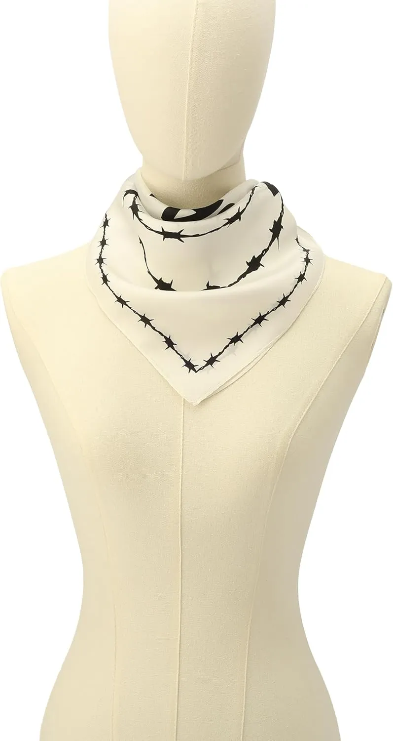 womens Barb Large Bandana, Silk Head Scarf With Barbwire Design, Lightweight Fabric