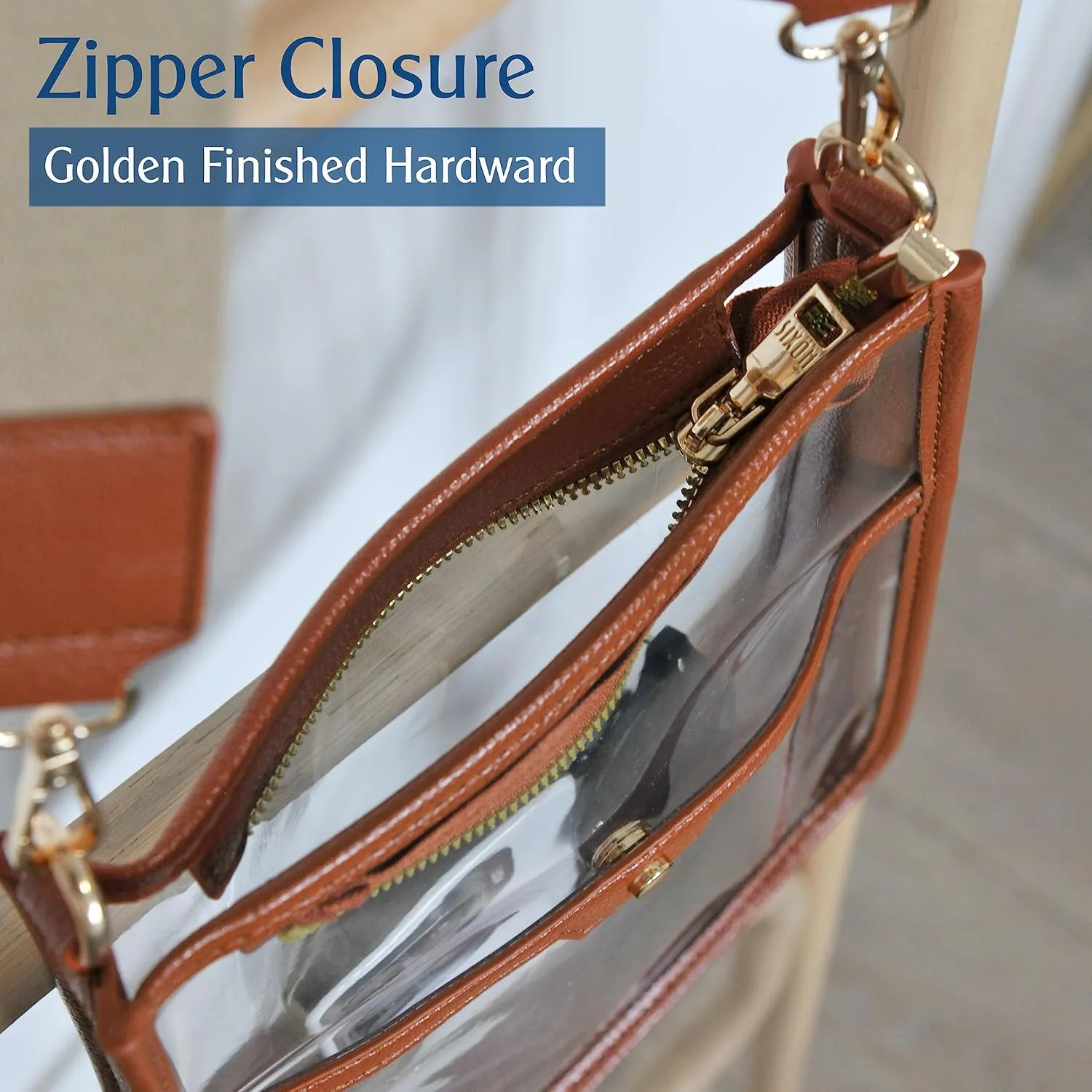 Women's Clear PVC Cross Body Bag Zipper Pocket Shoulder Bag with Vegan Leather Trim Stadium Approved Transparent Purse