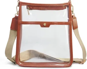 Women's Clear PVC Cross Body Bag Zipper Pocket Shoulder Bag with Vegan Leather Trim Stadium Approved Transparent Purse