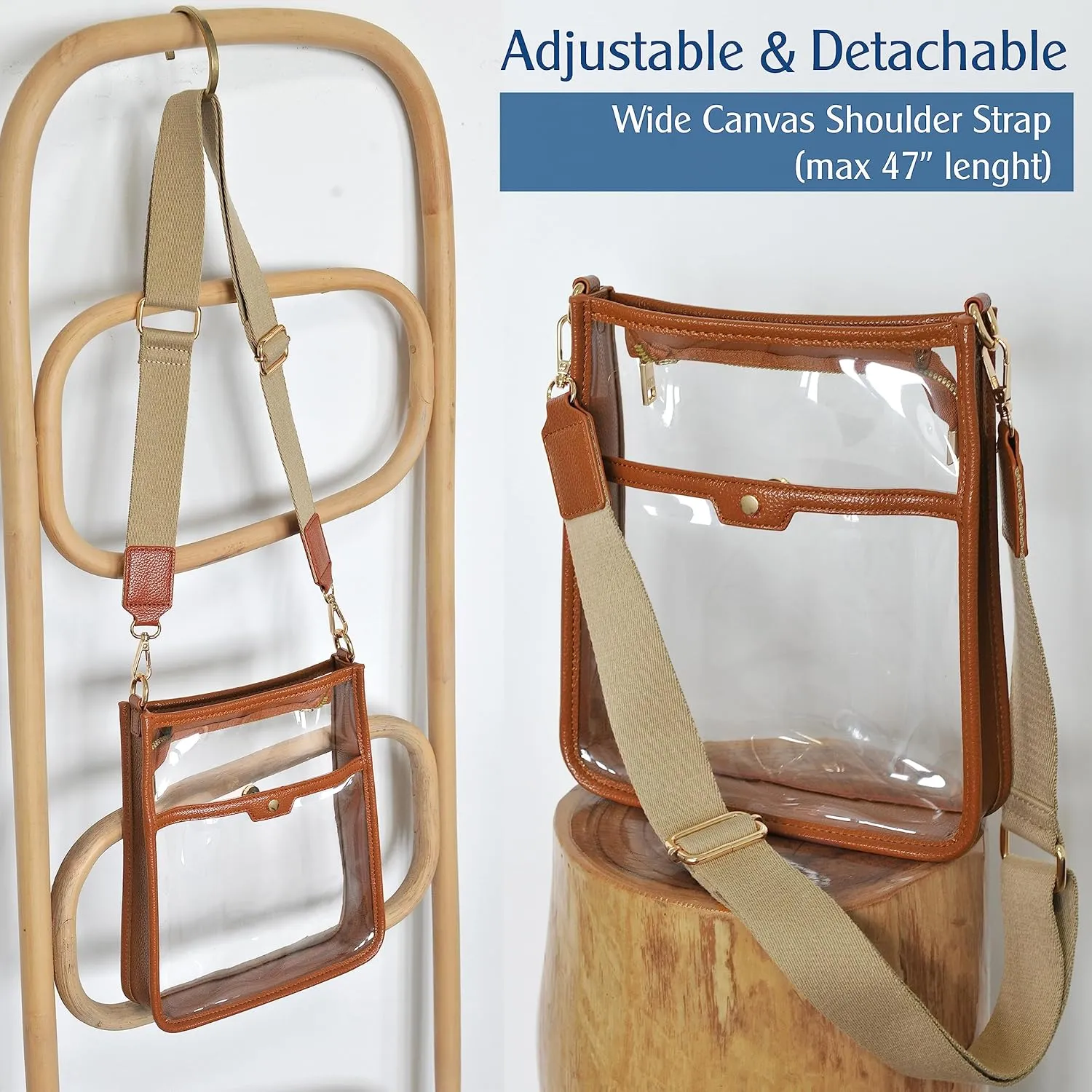 Women's Clear PVC Cross Body Bag Zipper Pocket Shoulder Bag with Vegan Leather Trim Stadium Approved Transparent Purse