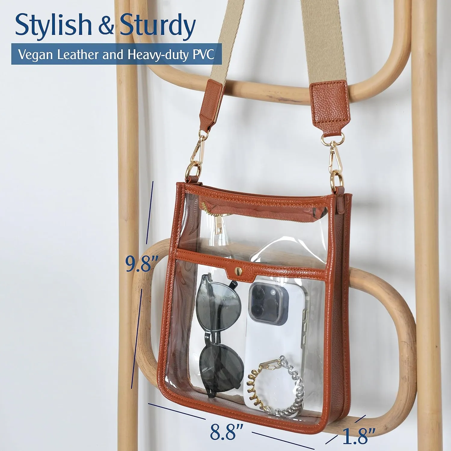 Women's Clear PVC Cross Body Bag Zipper Pocket Shoulder Bag with Vegan Leather Trim Stadium Approved Transparent Purse