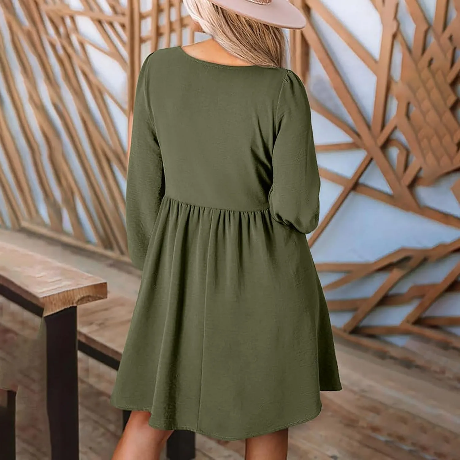 Womens Fall Fashion 2024 Dresses Causal Dressy Long Sleeve Smocked Crewneck Button Up Empire Waist A-Line Mini Dress