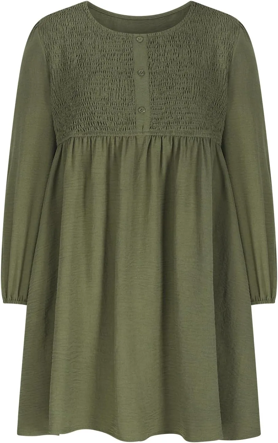 Womens Fall Fashion 2024 Dresses Causal Dressy Long Sleeve Smocked Crewneck Button Up Empire Waist A-Line Mini Dress