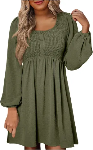 Womens Fall Fashion 2024 Dresses Causal Dressy Long Sleeve Smocked Crewneck Button Up Empire Waist A-Line Mini Dress