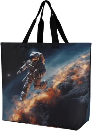 Women's Large-capacity Shoulder Shopping Bag Reusable Foldable Shopping Bags Astronaut Flying in Space Beach Bag
