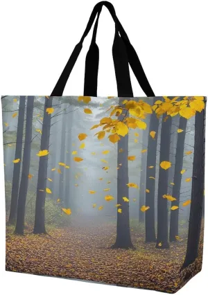 Women's Large-capacity Shoulder Shopping Bag Reusable Foldable Shopping Bags Autumn Leaves Flying in The Misty Forest Beach Bag