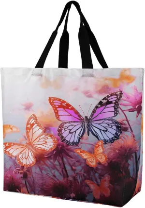 Women's Large-capacity Shoulder Shopping Bag Reusable Foldable Shopping Bags Color Butterfly Flower Beach Bag