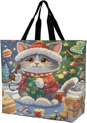 Women's Large-capacity Shoulder Shopping Bag Reusable Foldable Shopping Bags Cute Cat Sing Christmas Carols Beach Bag