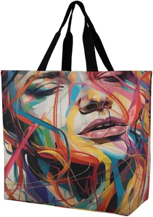 Women's Large-capacity Shoulder Shopping Bag Reusable Foldable Shopping Bags Face Drawing Beach Bag
