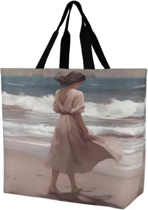 Women's Large-capacity Shoulder Shopping Bag Reusable Foldable Shopping Bags Girl Standing on The Beach Beach Bag