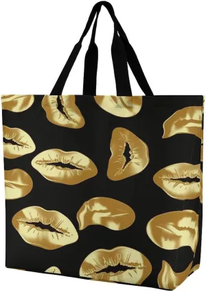 Women's Large-capacity Shoulder Shopping Bag Reusable Foldable Shopping Bags Gold Lips Beach Bag