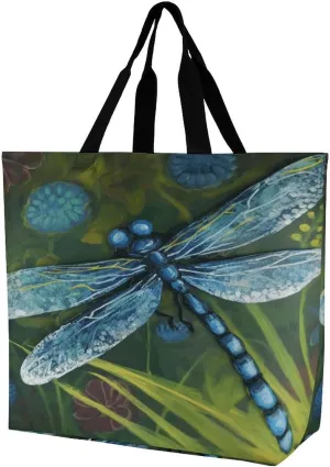 Women's Large-capacity Shoulder Shopping Bag Reusable Foldable Shopping Bags Hand Painted Blue Dragonfly Beach Bag