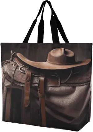 Women's Large-capacity Shoulder Shopping Bag Reusable Foldable Shopping Bags Horse Saddle with A Cowboy Hat Beach Bag