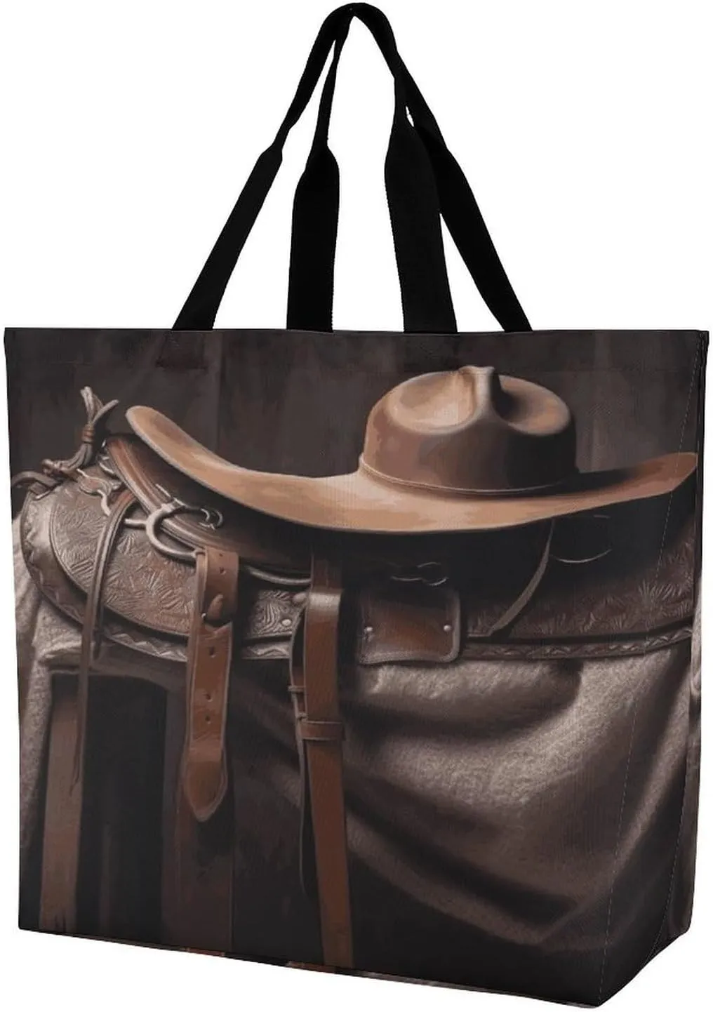 Women's Large-capacity Shoulder Shopping Bag Reusable Foldable Shopping Bags Horse Saddle with A Cowboy Hat Beach Bag
