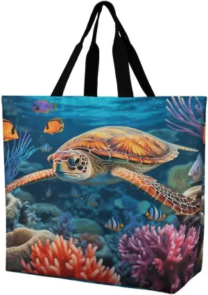 Women's Large-capacity Shoulder Shopping Bag Reusable Foldable Shopping Bags Ocean Sea Turtle Beach Bag